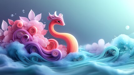 Surreal pastel paper quilling snake forming smooth flowing shapes over natural soft tones