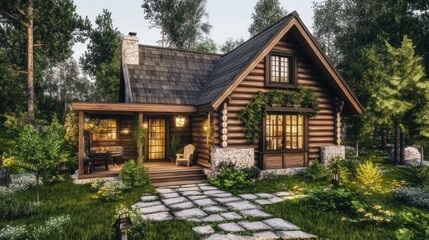 Enjoy a peaceful retreat with a cozy log cabin nestled in a lush forest, surrounded by lush greenery