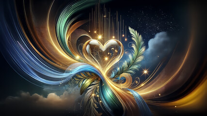 Elegant and sophisticated Valentine's Day composition with gold glitter heart, green and blue heart and feathers