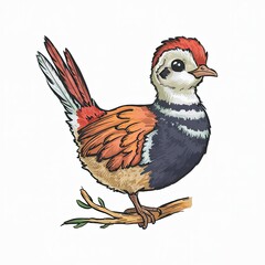 Endearing Illustration of a Tiny Pheasant on a Branch