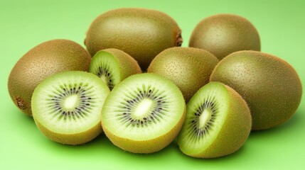 Fototapeta premium Fresh kiwi fruits, whole and sliced, on a vibrant green background.