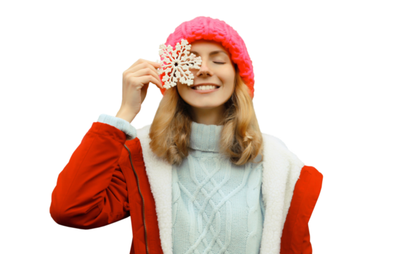 Happy smiling woman in winter hat with snowflake decoration toy for Christmas tree isolated on white