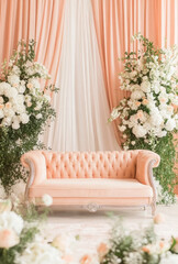 Pale Peach Sofa on a Wedding Stage Surrounded by Delicate Tulips and Warm Lanterns