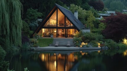 Fototapeta premium Modern A-Frame Lakeside Home Reflecting on Calm Waters at Sunset