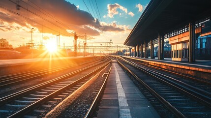 Train tracks at sunset railway station. Concept of travel, transportation, and journey.