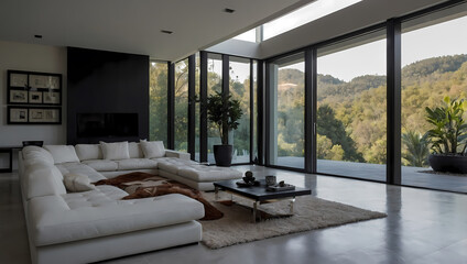 Modern living room featuring a white sectional sofa, a black coffee table, and large windows overlooking lush outdoor scenery.