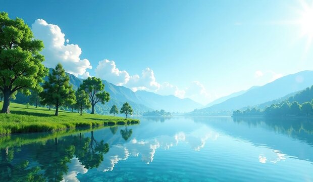 Distant landscape with a bright blue and green gradient background featuring a peaceful lake and trees, green, calm, nature