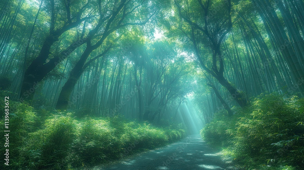 Poster a serene forest path illuminated by soft light, surrounded by lush greenery.