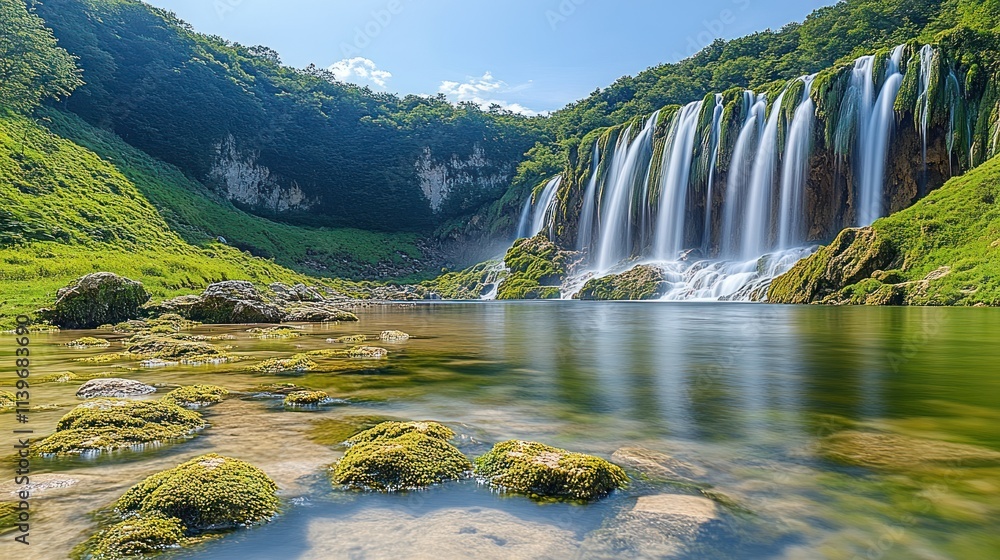 Poster a serene waterfall cascading into a tranquil pool surrounded by lush greenery.