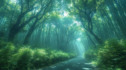 Fototapeta premium A serene forest path illuminated by soft light, surrounded by lush greenery.