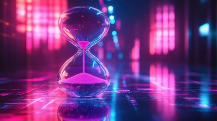 Hourglass depicted in synthwave style, using neon colors and retro-futuristic elements to create a vibrant, dynamic version of the hourglass.