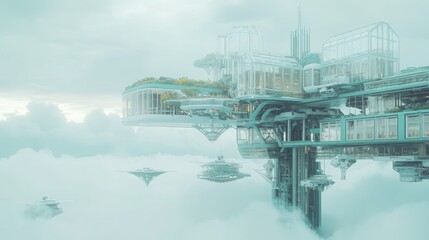 Fototapeta premium Futuristic floating city, hovering above clouds, with multiple levels and glass structures, featuring vertical gardens and transportation vessels.
