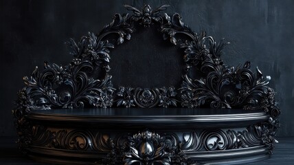 Classic Art Nouveau black podium with intricate patterns and flowing lines.