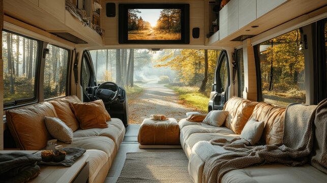 Cozy van interior with a scenic view of autumn trees and a peaceful pathway outside.