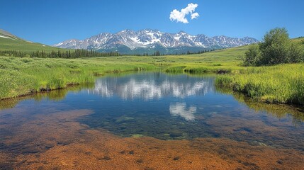 A serene landscape featuring a calm pond, mountains, and clear blue skies.