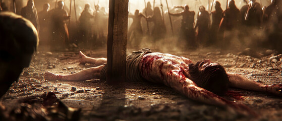 Jesus lies lifeless on the ground after being taken down from the cross, surrounded by onlookers with weapons