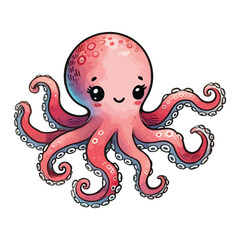 Octopus sea animal. Watercolor cartoon on a white background.