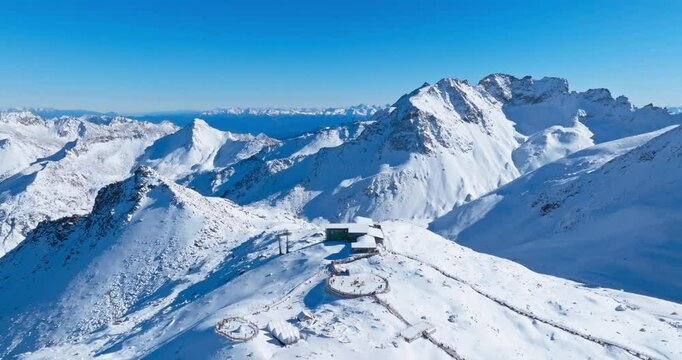 Aerial panoramic view of Dagu Glacier at winter day in Sichuan, China. snowy mountain landscape