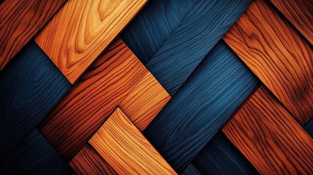 Abstract wood texture background with interwoven dark blue and orange wooden planks. - Powered by Adobe