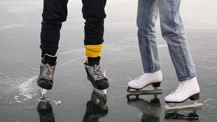 Winter skating on frozen Lake Lake with picturesque ice formations beneath