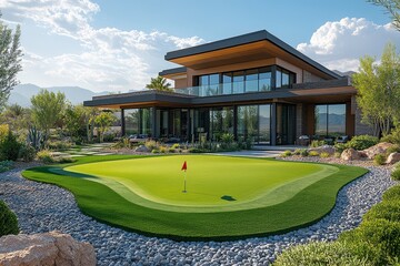 Large modern home with an elaborate putting green on the front lawn, surrounded by desert landscape and architecture, offering a luxurious golfing experience at home.