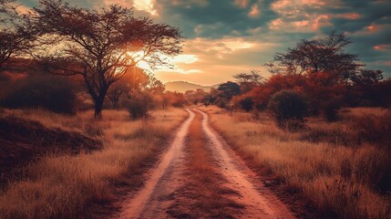 African Savanna Sunset Road. Concept of adventure, exploration, and freedom.