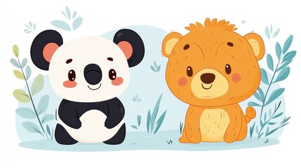 Cute cartoon panda and lion sitting together in a playful, colorful environment.