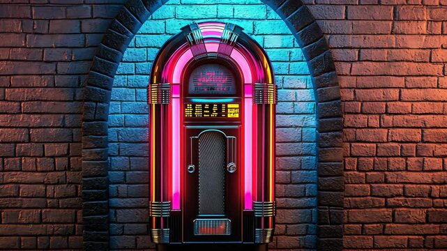 Vintage jukebox illuminated in neon colors against a brick wall in a retro-themed setting