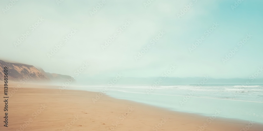 Aufkleber calm sandy beach with gentle waves and soft mist in the background, perfect for a relaxing day outdo