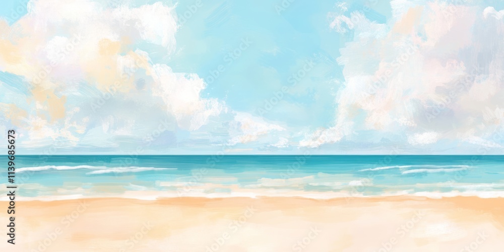 Poster experience the soothing textures of sandy beach underfoot with beautiful ocean views and fluffy clou