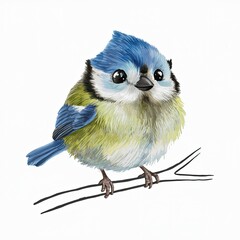 Adorable Cartoon Illustration of a Blue Tit on a Branch