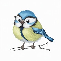 Adorable Cartoon Illustration of a Blue Tit on a Branch