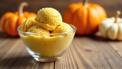A glass bowl containing a scoop of pumpkin ice cream, scoop, dessert