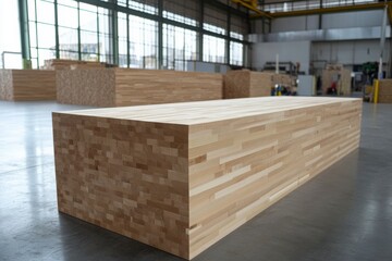 Close-up of a Solid Wood Block in a Spacious Workshop Surrounded by Finished Wooden Structures and Natural Light Streaming Through Large Windows