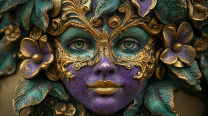Close-up shot of a Mardi Gras parade float, highlighting colorful patterns, sparkling textures, and intricate gold embellishments in purple, green, and gold hues.