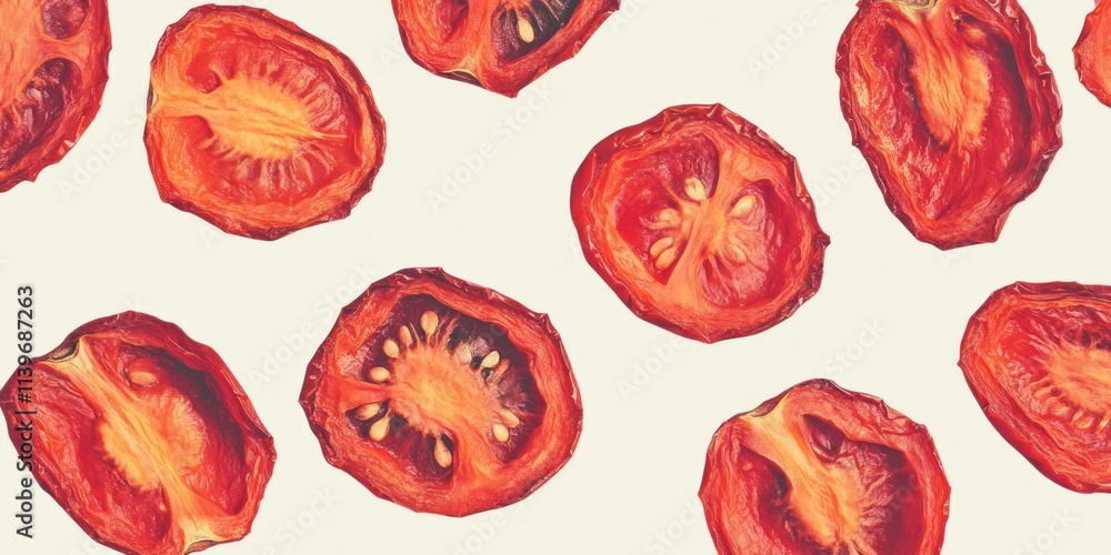 Poster sun-dried tomato halves displayed on a neutral background showcasing vibrant color and texture