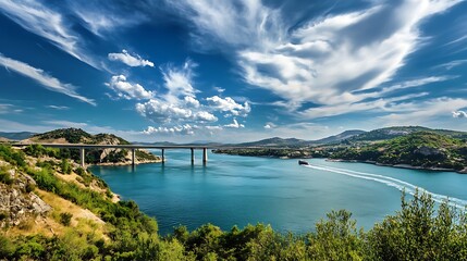 Obraz premium Scenic view of a bridge over a lake with dramatic clouds. Concept of nature, travel, and landscape.