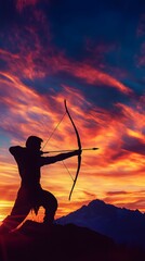 Archer silhouetted against vibrant sunset over mountains.