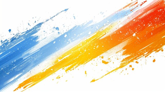 Abstract diagonal brush strokes in blue, yellow, and orange with splatters on white background.