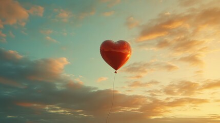 Fototapeta premium A single red heartshaped balloon floating in a pastel sky, with room for captions
