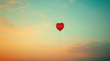 Fototapeta premium A single red heartshaped balloon floating in a pastel sky, with room for captions