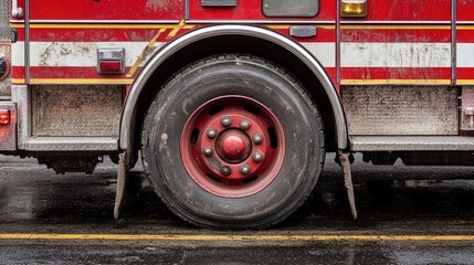 Close-Up View of a Fire Truck Tire Showing Wear and Tear on a Rainy Day, Highlighting the Importance of Vehicle Maintenance for Emergency Services
