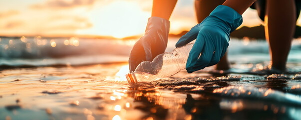 Person in Blue Gloves Picking Up Plastic Waste on a Beach at Sunset with Gentle Waves