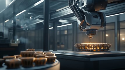 Fototapeta premium Robotic Arm Operating 3D Printer in Modern Industrial Setting