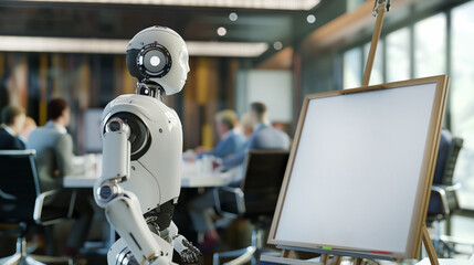 close up of white robot standing looking at blank white sheet of paper in frame on tripod against background of people sitting in office space at large table