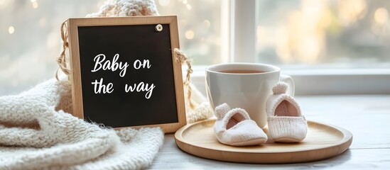 Baby on the way announcement with booties and tea.