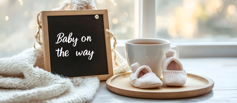 Baby on the way announcement with booties and tea.