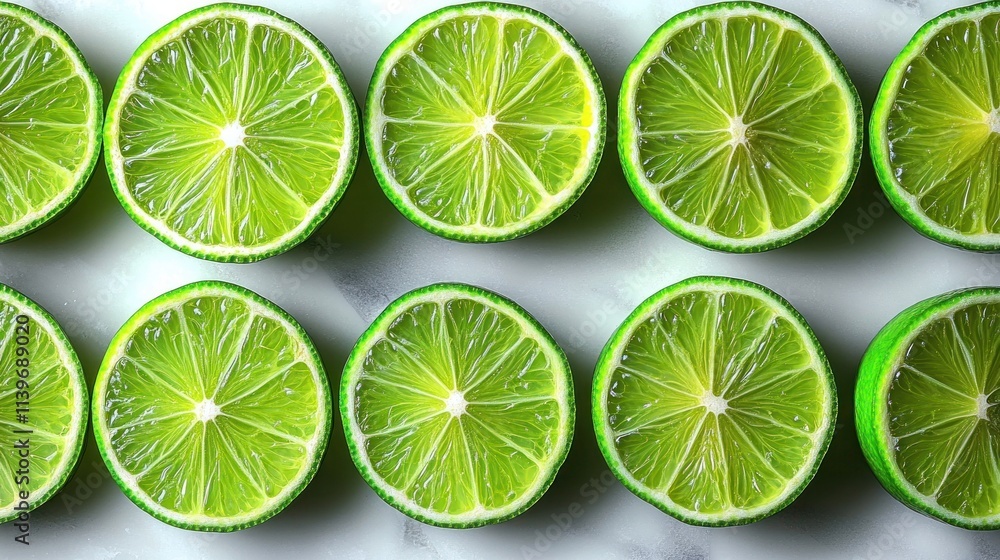 Poster freshly cut lime halves arranged in a neat pattern on a marble surface.