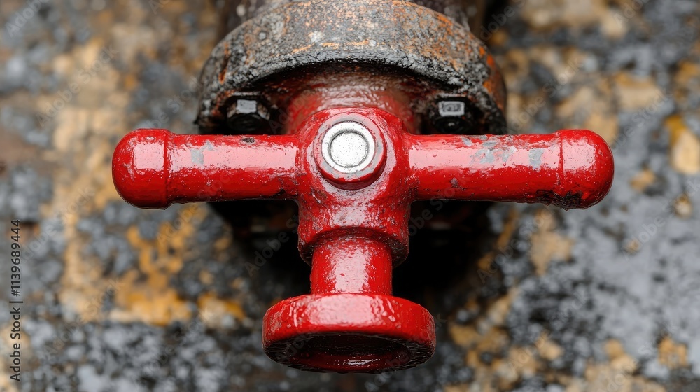 Aufkleber close-up of a red water valve on a rusty pipeline with textured ground, highlighting industrial desi