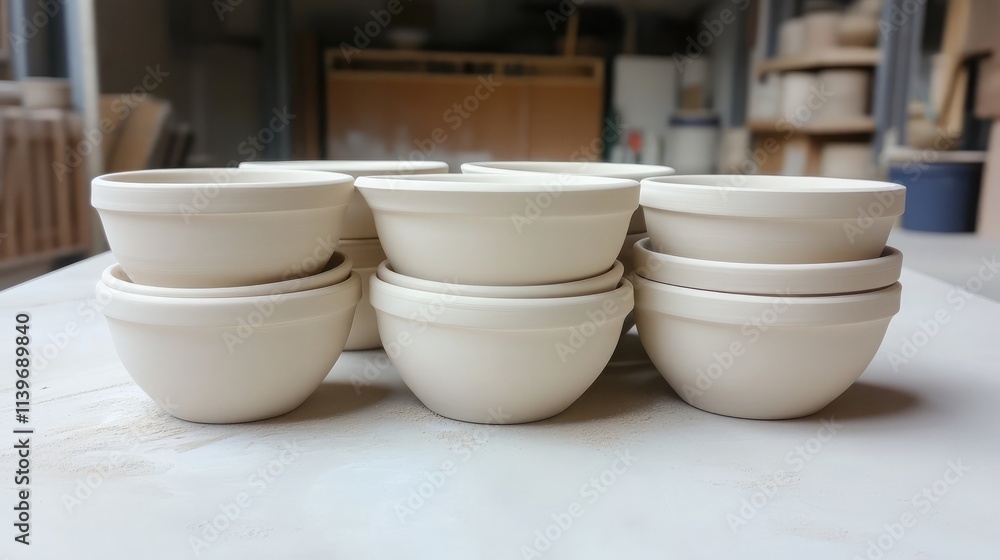 Aufkleber stacked white ceramic bowls on a table in a workshop setting with natural lighting and a soft backgr